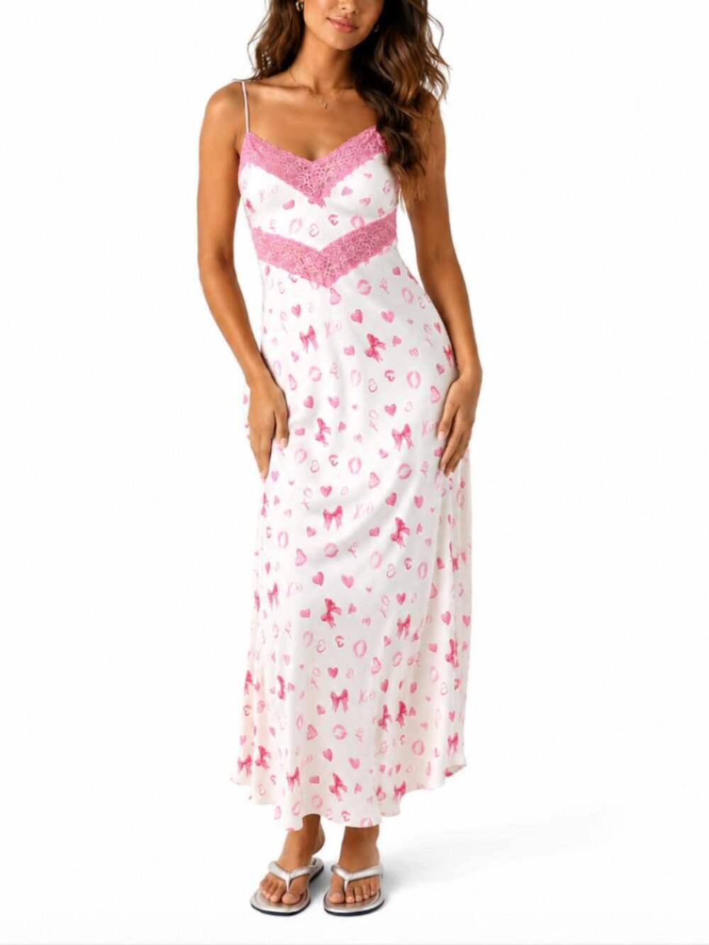 Women's Serita Valentine Coquette Pink Lace Maxi Slip Feminine Lace Panels Y2K L